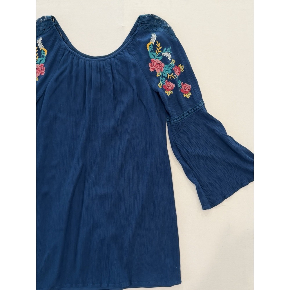 Boho Women's Dress Embroidered Tunic Top Blue Rayon Bell Sleeve M Peasant Chic